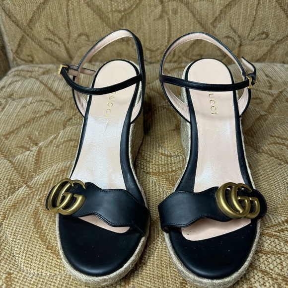 Gucci GG Monogram Sandals Espadrille Wedges Ankle Straps Size 5 - Picture 1 of 10